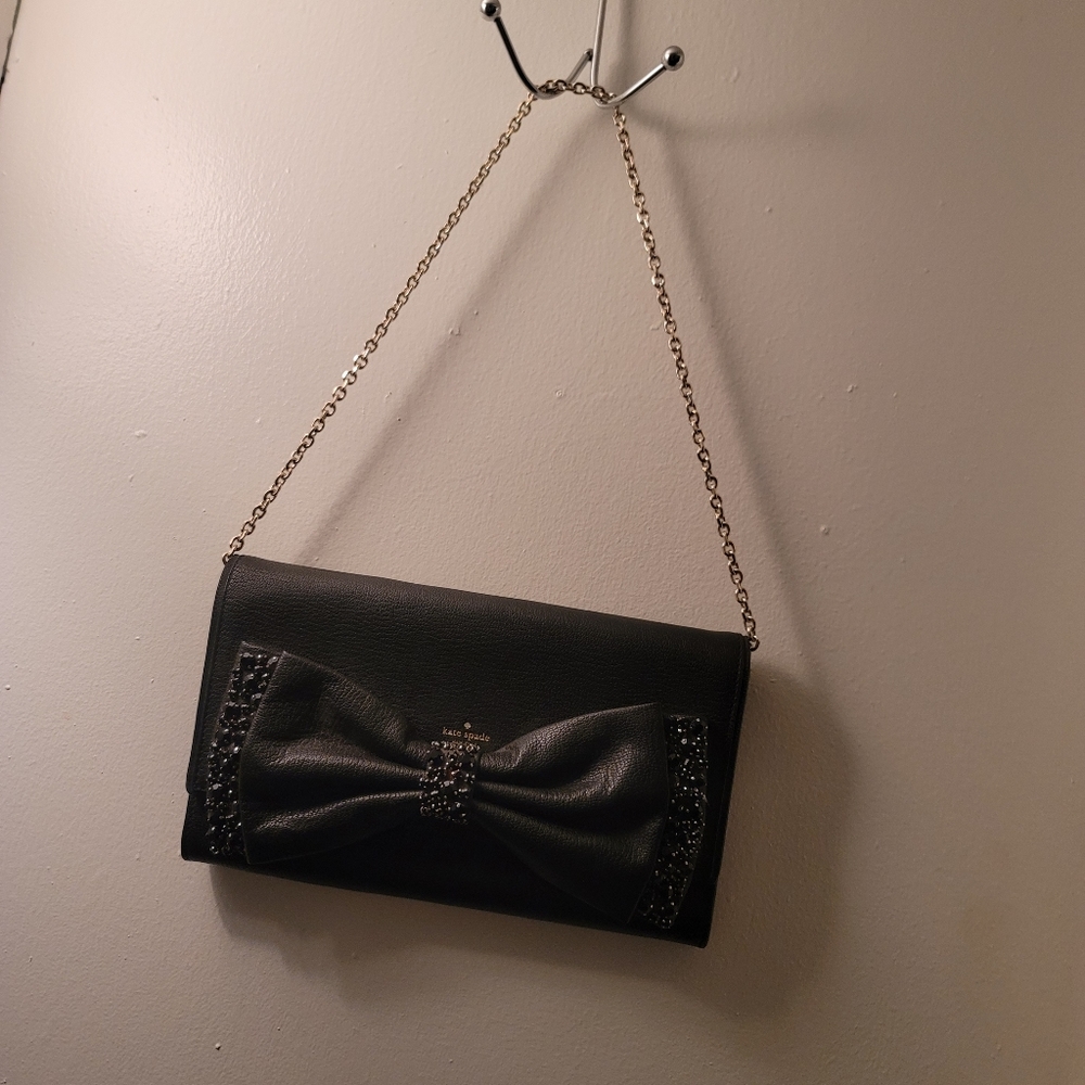 Kate Spade Crossbody Clutch Crystals Accents Bow Black Leather Shoulder Bag